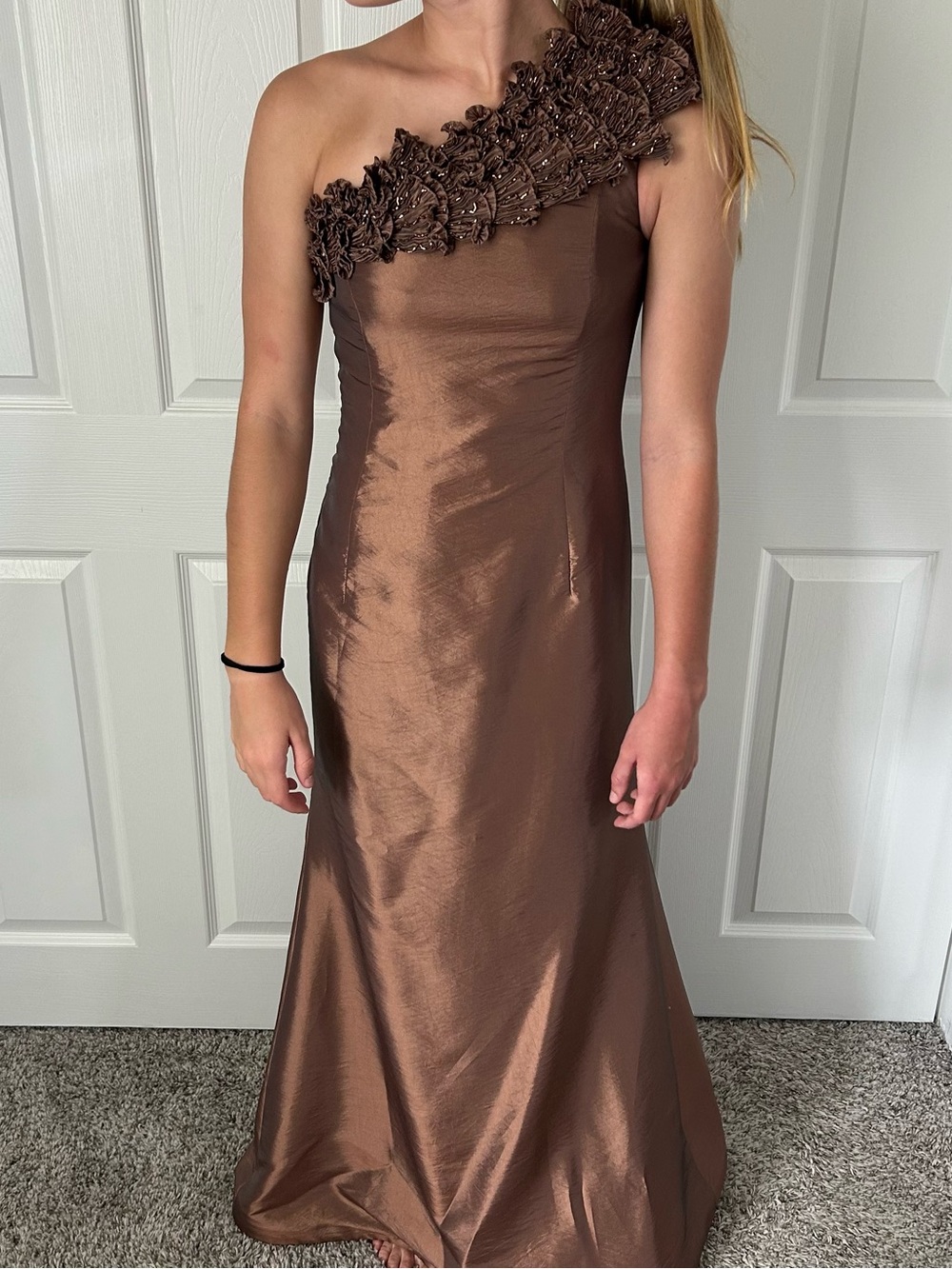 Daymor Couture One-Shoulder Brown Floral Appliqué Evening Gown, size 6